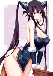 1girl bare_shoulders black_dress blue_eyes blunt_bangs blush border breasts china_dress chinese_clothes cleavage closed_mouth detached_sleeves dress fate/grand_order fate_(series) flower hair_ornament highres large_breasts leaf_hair_ornament long_hair looking_at_viewer minato_yoshihiro purple_background purple_hair sidelocks smile solo thighs twintails very_long_hair white_border yang_guifei_(fate) yang_guifei_(second_ascension)_(fate)