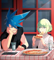 Rule 34 | 2boys, blue eyes, blue hair, bob cut, cheese trail, ascot, cup, drinking glass, earrings, eating, food, galo thymos, green hair, highres, jewelry, kmyn prma, lio fotia, long sleeves, looking at another, male focus, menu, multiple boys, open mouth, outdoors, pizza, promare, purple eyes, restaurant, shirt, sitting, smile, spiked hair, table
