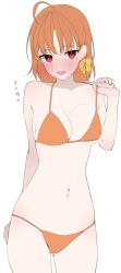 Rule 34 | 1girl, absurdres, adjusting clothes, adjusting swimsuit, bare shoulders, bikini, blush, breasts, cleavage, feet out of frame, hair ribbon, highres, kawai ritsu (rits meg), looking at viewer, love live!, love live! sunshine!!, medium breasts, navel, open mouth, orange bikini, orange hair, red eyes, ribbon, short hair, solo, standing, swimsuit, takami chika, unfinished, upper body, yellow ribbon