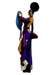 Rule 34 | 2girls, asymmetrical docking, bare back, big hair, black hair, blue hair, blue lips, bodysuit, breast press, breasts, concept art, dark skin, dark-skinned female, diana (kof), dress, elbow gloves, gloves, goggles, goggles on head, halterneck, height difference, hug, kula diamond, large breasts, lipstick, makeup, medium breasts, multiple girls, nona, official art, side slit, snk, the king of fighters, the king of fighters 2001, waist hug