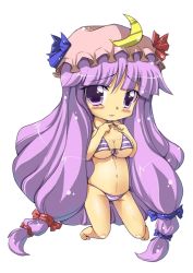 Rule 34 | 1girl, bikini, breasts, chibi, cleavage, crescent, crescent moon, female focus, front-tie top, hat, kneeling, kusanagi mikoto (artist), large breasts, long hair, moon, patchouli knowledge, purple eyes, purple hair, solo, string bikini, striped bikini, striped clothes, swimsuit, touhou, underboob, undersized clothes