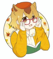 Rule 34 | 1girl, :3, adjusting eyewear, alternate costume, animal ears, beret, blush, book, brown hair, capybara (kemono friends), capybara ears, capybara girl, cardigan, collared shirt, extra ears, glasses, hat, kemono friends, light brown hair, long sleeves, looking at viewer, multicolored hair, open cardigan, open clothes, open mouth, orange hat, red-framed eyewear, seramix x, shirt, short hair, smile, solo, sweater, two-tone hair, white shirt, yellow sweater
