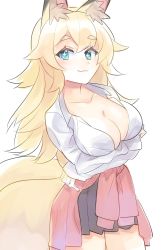Rule 34 | + +, 1girl, :3, alternate costume, animal ear fluff, animal ears, black skirt, blonde hair, blue eyes, blush, breasts, cleavage, closed mouth, clothes around waist, collarbone, cowboy shot, crossed arms, female focus, fox ears, fox girl, fox tail, green pupils, happy, highres, inaho (world flipper), jpeg artifacts, komuro takahiro, large breasts, light blush, long hair, long sleeves, looking at viewer, miniskirt, multiple tails, no bra, pleated skirt, red sweater, school uniform, shirt, sidelocks, simple background, sketch, skirt, smile, solo, standing, sweater, sweater around waist, tail, two tails, white background, white shirt, world flipper