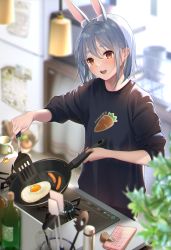 Rule 34 | 1girl, :d, absurdres, animal ear fluff, animal ears, black shirt, blue hair, blue nails, blurry, blurry background, blush, bottle, byoko (byokoramen), carrot print, commentary request, cooking, cup, food, food print, fried egg, frying pan, hair between eyes, highres, holding, holding frying pan, holding spatula, hololive, indoors, kitchen, long sleeves, nail polish, open mouth, print shirt, rabbit ears, red eyes, sausage, shirt, short hair, smile, solo, spatula, stove, teeth, thick eyebrows, upper teeth only, usada pekora, virtual youtuber