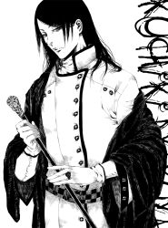 Rule 34 | 1boy, alternate costume, bleach, buttons, cane, closed mouth, commentary request, eyelashes, greyscale, high contrast, holding, holding cane, kuchiki byakuya, long hair, male focus, monochrome, serious, simple background, solo, white background, yangyieva