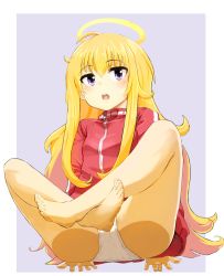 Rule 34 | 1girl, ahoge, ass press, bare legs, barefoot, blonde hair, blush, border, breasts, commentary request, crossed ankles, feet, from below, gabriel dropout, gabriel tenma white, grey background, halo, highres, indian style, invisible floor, jacket, long hair, long sleeves, looking at viewer, momo (higanbana and girl), no pants, open mouth, outside border, palms, panties, purple eyes, raised eyebrows, red jacket, simple background, sitting, small breasts, solo, spread fingers, toenails, toes, track jacket, underwear, white border, white panties, zipper pull tab