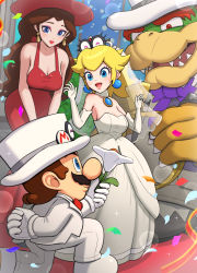 Rule 34 | 2boys, 2girls, :d, absurdres, blonde hair, bowser, bowser (tuxedo), breasts, bridal veil, brown hair, cappy (mario), claws, cleavage, donkey, donkey kong (series), dress, elbow gloves, eyeshadow, formal, gloves, gonzarez, hat, highres, large breasts, lipstick, long hair, makeup, mario, mario (series), mario (tuxedo), multiple boys, multiple girls, nintendo, on one knee, open mouth, pauline (mario), princess peach, princess peach (wedding), red dress, red headwear, red lips, rocket flower (mario), smile, strapless, strapless dress, suit, super mario odyssey, tiara (mario), top hat, veil, wedding dress, white dress, white gloves, white headwear, white suit