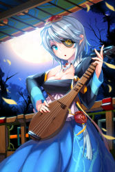 Rule 34 | 1girl, :o, blue eyes, breasts, cleavage, eyeball, eyepatch, full moon, grey hair, highres, instrument, iri flina, jewelry, korean clothes, looking at viewer, lute (instrument), moon, necklace, night, night sky, one eye covered, open mouth, pouch, railing, short hair, sky, snowball22, solo, standing, sword girls