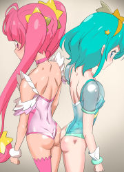 Rule 34 | 2girls, absurdres, adapted costume, ahoge, aqua eyes, aqua hair, arms at sides, ass, ass-to-ass, back, back-to-back, backless outfit, bare back, bare legs, bare shoulders, blue leotard, blunt bangs, blush, breasts, choker, clenched hand, covered erect nipples, cowboy shot, cure milky, cure star, female focus, gloves, gradient background, grey background, hagoromo lala, hair ornament, hairband, highres, hoshina hikaru, legs, leotard, long hair, looking at viewer, looking back, magical girl, multiple girls, neck, ontaros, pink choker, pink hair, pink legwear, pink leotard, precure, profile, see-through, see-through sleeves, shiny clothes, shiny skin, short hair, short sleeves, sidelocks, single thighhigh, small breasts, standing, star (symbol), star hair ornament, star twinkle precure, thighhighs, twintails, very long hair, white gloves, yellow hairband, yuri