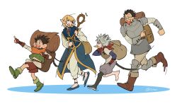Rule 34 | 4boys, adapted costume, alternate species, ambrosia (dungeon meshi), animal ears, ankle boots, arm guards, armor, backpack, bag, belt, black hair, blonde hair, blue footwear, body fur, boots, brown shorts, cat boy, cat ears, cat tail, chilchuck tims, chilchuck tims (cosplay), coliqo, commentary, cosplay, dungeon meshi, elf, english commentary, fingerless gloves, flats, from side, gloves, gon freecss, green footwear, green vest, grey hair, grey pants, grey shorts, halfling, hand in pocket, highres, holding, holding sack, holding staff, hood, hood down, hunter x hunter, izutsumi, izutsumi (cosplay), killua zoldyck, knee guards, kurapika, laios touden, laios touden (cosplay), large ears, laughing, layered sleeves, leorio paladiknight, long sleeves, looking back, marcille donato, marcille donato (cosplay), mouth hold, multiple boys, orange scarf, outstretched arm, pants, pauldrons, plate armor, pointing, pointy ears, running, sack, scarf, short hair, short over long sleeves, short sleeves, shorts, shoulder armor, spiked hair, sprout, staff, tail, tears, vest, white background, white pants