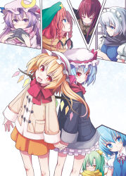 Rule 34 | 6+girls, bad id, bad pixiv id, blonde hair, blue eyes, blue hair, book, braid, casual, chonbo (artist), cirno, coat, contemporary, daiyousei, flandre scarlet, green hair, holding hands, hong meiling, izayoi sakuya, maid headdress, multiple girls, patchouli knowledge, purple eyes, purple hair, red eyes, red hair, remilia scarlet, scarf, siblings, sisters, embodiment of scarlet devil, touhou, twin braids, wings, yellow eyes