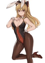 Rule 34 | 10s, 1girl, animal ears, bare shoulders, blonde hair, blush, breasts, brown pantyhose, cleavage, detached collar, fake animal ears, granblue fantasy, high heels, highres, leotard, long hair, looking at viewer, medium breasts, pantyhose, playboy bunny, rabbit ears, rabbit tail, red eyes, ryuuji teitoku, shaded face, simple background, smile, solo, tail, vira (granblue fantasy), white background, wrist cuffs