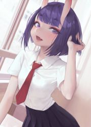 Rule 34 | 1girl, absurdres, adjusting hair, black skirt, blush, bob cut, charles (106858), collared shirt, contemporary, dress shirt, fang, fate/grand order, fate (series), highres, horns, indoors, looking at viewer, necktie, oni, open mouth, pleated skirt, purple eyes, purple hair, red necktie, school uniform, shirt, short hair, short sleeves, shuten douji (fate), skin-covered horns, skirt, smile, solo, upper body, white shirt, window