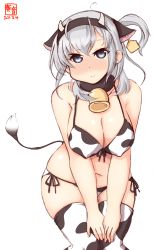 1girl, alternate costume, animal ears, animal print, artist logo, bell, bikini, breasts, cleavage, commentary request, cow ears, cow horns, cow print, cow tail, cowbell, cowboy shot, dated, ear tag, erect nipples, fake animal ears, fake horns, grey eyes, hands on own thighs, highres, horns, kanon (kurogane knights), kantai collection, large breasts, leaning forward, long hair, lowleg, lowleg bikini, one-hour drawing challenge, one side up, side-tie bikini, silver hair, simple background, solo, suzutsuki (kancolle), swimsuit, tail, thighhighs, white background, white bikini, white legwear