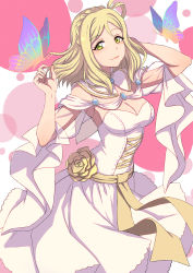 Rule 34 | 1girl, :3, blonde hair, braid, breasts, brooch, bug, butterfly, butterfly on hand, cleavage, collaboration, commentary request, cross-laced clothes, crown braid, detached collar, dress, flower, green eyes, hair rings, hand in own hair, insect, jewelry, looking at viewer, love live!, love live! school idol festival, love live! sunshine!!, ohara mari, othel (hatimorris), regition, rose, see-through, see-through sleeves, smile, solo, transparent sleeves, white dress, wide sleeves, yellow flower, yellow rose