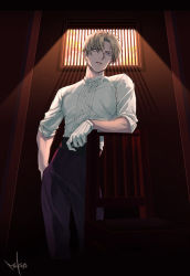 Rule 34 | 1boy, artist name, black pants, brown hair, chair, collar, collared shirt, gloves, hand in pocket, heshikiri hasebe, highres, light rays, long sleeves, looking at viewer, makoto kohuku, male focus, pants, parted bangs, parted lips, shadow, shirt, short hair, sleeves rolled up, solo, standing, sunbeam, sunlight, touken ranbu, white gloves, white shirt, window