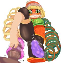 Rule 34 | 1girl, arms (game), artificial vagina, artist request, ass, barefoot, beanie, blonde hair, breasts, censored, chinese clothes, dildo, feet, footjob, green eyes, hat, heavy breathing, legs up, mask, masturbation, min min (arms), nintendo, penis, pussy juice, saliva, sex toy, short hair, solo focus, sweat, through clothes, toes