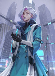 Rule 34 | 1girl, arm strap, artist name, black gloves, blue eyes, city, cityscape, coat, cowboy shot, cyberpunk, from below, gloves, grey hair, highres, jewelry, looking away, mole, mole under eye, multicolored hair, necklace, nibelart, original, overcast, pink hair, science fiction, sky, snow, solo, turtleneck, two-tone hair, winter