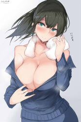 Rule 34 | 1girl, aqua eyes, bare shoulders, black hair, blush, breasts, cleavage, collarbone, commentary, curvy, dripping, eyelashes, grey background, highres, jacket, large breasts, looking at viewer, open clothes, original, partially unzipped, ponytail, signature, simple background, smile, solo, steam, sweat, towel, towel around neck, track jacket, track suit, translation request, undressing, upper body, yuzuki himuka