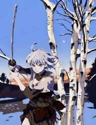 Rule 34 | 1girl, absurdres, bare tree, bchan1582, belt, birch tree, black skirt, black undershirt, blue sky, blurry, blurry background, cleavage cutout, closed mouth, clothing cutout, cowboy shot, day, fighting stance, floating hair, full moon, green eyes, hands up, highres, holding, holding sword, holding weapon, japanese clothes, katana, layered sleeves, long sleeves, moon, mountainous horizon, original, outdoors, serious, sheath, shirt, short hair, short over long sleeves, short sleeves, skirt, sky, snow, solo, sword, tree, v-shaped eyebrows, weapon, white hair, white shirt