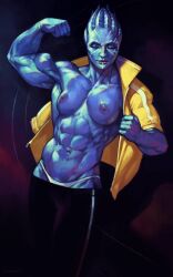 Rule 34 | 1girl, abs, alien, asari (mass effect), biceps, blue skin, clenched hand, closed eyes, colored skin, facepaint, flexing, highres, jacket, janrock, mass effect (series), muscular, muscular female, open clothes, open jacket, panties, solo, topless, track suit, underwear, veins, veiny arms, white panties