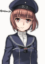 Rule 34 | 1girl, black neckerchief, blue dress, blue sailor collar, brown eyes, brown hair, clothes writing, dress, hat, kantai collection, looking at viewer, maakun (makun dx), neckerchief, one-hour drawing challenge, sailor collar, sailor dress, sailor hat, short hair, simple background, solo, twitter username, white background, z3 max schultz (kancolle)