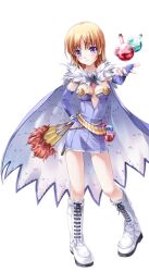 1girl alchemist_(ragnarok_online) blonde_hair blue_cape blue_dress blue_gloves blush boots breasts cape closed_mouth dress elbow_gloves fingerless_gloves flask folding_fan frown full_body fur_collar gloves hand_fan holding holding_fan large_variant_set looking_at_viewer medium_breasts medium_hair miyase_mahiro official_art potion purple_eyes ragnarok:_guild_masters ragnarok_online round-bottom_flask short_dress simple_background solo standing strapless strapless_dress transparent_background variant_set white_footwear