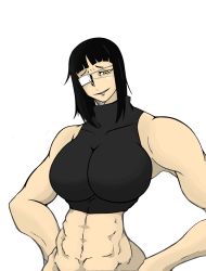 Rule 34 | 1girl, abs, apartment, black hair, breasts, cleavage, eyepatch, jormungand (manga), large breasts, looking down, looking to the side, midriff, muscular, muscular arms, muscular female, pants, short hair, sofia valmer, solo, tank top, tattoo, yellow eyes