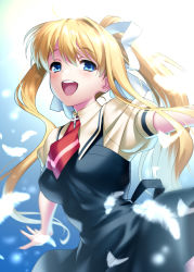 Rule 34 | 1girl, air (visual novel), ascot, black dress, blonde hair, blue eyes, commentary request, cowboy shot, dress, feathers, hair ribbon, kamio misuzu, long hair, open mouth, outstretched arms, ponytail, red ascot, ribbon, school uniform, shirt, short sleeves, solo, teeth, upper teeth only, yellow shirt, zen