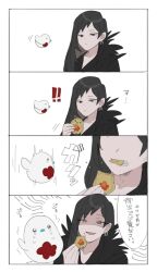 Rule 34 | !, !!, 1girl, binah (project moon), bird, black cape, black dress, black eyes, black hair, cape, cookie, crying, dress, eating, food, foodification, hamhampangpang, highres, holding, holding cookie, holding food, library of ruina, mu46016419, project moon, punishing bird, simple background, solo, white background