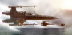 Rule 34 | bluez, flying, lake, realistic, science fiction, spacecraft, star wars, star wars: the force awakens, starfighter, t-70 x-wing, water, waves, x-wing