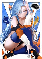 Rule 34 | 1girl, anger vein, bare shoulders, black shorts, blue background, blue eyes, blue hair, blue thighhighs, blush, borrowed character, breasts, candy, cleavage, closed mouth, clothing cutout, commentary, crop top, english commentary, food, hair over one eye, highres, holding, holding food, kneeling, lollipop, long hair, long sleeves, looking at viewer, medium breasts, bae minah (chaesu), orange footwear, original, shoes, short shorts, shorts, shoulder cutout, signature, sitting, skull, sleeves past wrists, sneakers, solo, speech bubble, spoken squiggle, squiggle, thighhighs, thighs, two-tone background, very long hair, zasshu