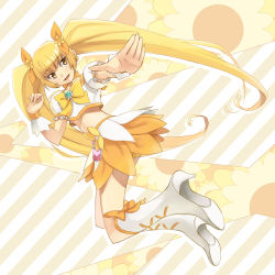 Rule 34 | 10s, 1girl, blonde hair, boots, bow, brooch, cure sunshine, dutch angle, foreshortening, getsumen, heart, heart brooch, heartcatch precure!, high heel boots, high heels, highres, knee boots, long hair, magical girl, midriff, myoudouin itsuki, open mouth, orange bow, precure, skirt, solo, twintails, very long hair, yellow bow, yellow eyes
