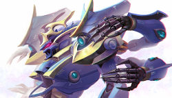 Rule 34 | chromatic aberration, close-up, extra arms, from side, glowing, glowing eye, ikaruga (knight&#039;s &amp; magic), knight&#039;s &amp; magic, mecha, no humans, open hands, pink eyes, robot, solo, tsutamine tomori