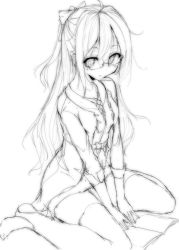 Rule 34 | 1girl, ahoge, arms between legs, bow, copyright request, glasses, greyscale, hair bow, long hair, long sleeves, looking at viewer, mokufuu, monochrome, sitting, sleeves rolled up, solo, thighhighs, wariza