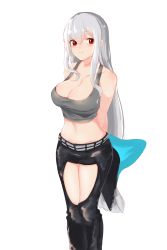 Rule 34 | 1girl, arknights, arms behind back, bare shoulders, black pants, blush, breasts, cleavage, closed mouth, clothing cutout, collarbone, feet out of frame, grey tank top, hair between eyes, highres, inniyik, large breasts, long hair, looking at viewer, midriff, navel, pants, red eyes, silver hair, simple background, skadi (arknights), solo, tank top, thigh cutout, very long hair, white background
