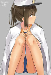Rule 34 | 10s, 1girl, artist name, bare legs, borrowed clothes, brown eyes, brown hair, collarbone, grey background, hat, i-401 (kancolle), isshiki (ffmania7), jacket, jacket on shoulders, kantai collection, knees together feet apart, long sleeves, looking to the side, military, military uniform, naval uniform, one-piece swimsuit, open clothes, open jacket, peaked cap, ponytail, short hair, sidelocks, simple background, sitting, solo, swimsuit, uniform