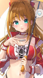 Rule 34 | 1girl, aqua eyes, bow, bowl, breasts, brown hair, character name, choker, cleavage, commentary request, hair bow, highres, hino akane (idolmaster), holding, holding umbrella, idolmaster, idolmaster cinderella girls, jewelry, long hair, looking at viewer, medium breasts, navel, necklace, orange bow, rice bowl, smile, solo, trente, umbrella, white choker