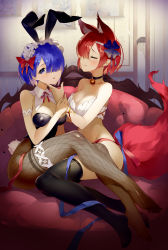 Rule 34 | 2girls, animal ear fluff, animal ears, bare arms, bell, black choker, black legwear, black leotard, blue eyes, blue hair, blush, bow, bra, breasts, cat ears, choker, cleavage, closed mouth, collarbone, commentary request, couch, cro (pixiv14643743), detached collar, closed eyes, fake animal ears, female focus, fishnet legwear, fishnets, hair bow, hair over one eye, hand on another&#039;s arm, hand on another&#039;s chin, highleg, highleg leotard, highres, large breasts, leotard, looking at viewer, maid headdress, matching hair/eyes, multiple girls, neck bell, no shoes, on couch, one eye covered, panties, pantyhose, parted lips, playboy bunny, rabbit ears, ram (re:zero), re:zero kara hajimeru isekai seikatsu, red bow, red hair, red panties, rem (re:zero), short hair, siblings, sisters, sitting, thigh strap, thighhighs, twins, underwear, white bra