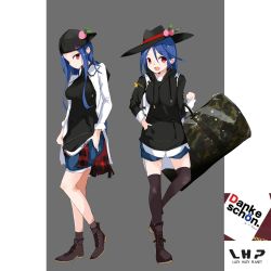 Rule 34 | 1girl, ankle boots, backwards hat, bag, baseball cap, black footwear, black thighhighs, blue hair, blue shorts, boots, carrying, casual, contemporary, dress shirt, dual persona, duffel bag, emblem request, food, from side, fruit, full body, grey background, hair between eyes, hat, highres, hinanawi tenshi, hood, hoodie, long hair, looking at viewer, multiple views, open clothes, open mouth, open shirt, peach, purple eyes, shirt, shoes, shorts, sleeves rolled up, smile, socks, standing, star (symbol), tetsurou (fe+), thighhighs, touhou, white shirt