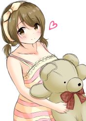Rule 34 | blush, bow, brown eyes, brown hair, collarbone, dress, frilled dress, frills, hair bow, hairband, heart, highres, holding, holding stuffed toy, inahori, looking at viewer, low twintails, mimura kanako, short hair, smile, solo, striped clothes, striped dress, stuffed animal, stuffed toy, tareme, teddy bear, twintails, white background