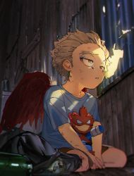 Rule 34 | 1boy, aged down, blonde hair, boku no hero academia, bottle, bruise, bruised eye, can, character doll, corrugated galvanised iron sheet, day, endeavor (boku no hero academia), facial mark, feathered wings, feathers, hawks (boku no hero academia), hole in wall, indoors, injury, looking afar, male focus, mm39572, on floor, red feathers, red wings, scratches, shirt, short hair, short sleeves, shorts, solo, sunlight, t-shirt, trash bag, wings, wooden wall, yellow eyes