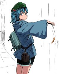 Rule 34 | 1girl, absurdres, adapted costume, arm up, bag, blue eyes, blue hair, blue hoodie, blush, cabbie hat, closed mouth, doorknob, expressionless, from side, green hat, hat, highres, holding, holding key, hood, hoodie, kawashiro nitori, key, long sleeves, looking at viewer, looking to the side, medium hair, neophyte, outstretched arm, shorts, shoulder bag, solo, tareme, touhou, two side up, wide sleeves