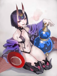 Rule 34 | 1girl, :d, black hair, bob cut, breasts, eyeliner, fate/grand order, fate (series), gourd, highres, horns, japanese clothes, jewelry, kimono, makeup, midriff, navel, off shoulder, open mouth, purple eyes, sakazuki, short hair, shuten douji (fate), small breasts, smile, solo, taishi (picchiridou)