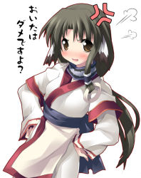 Rule 34 | 00s, 1girl, anger vein, animal ears, annoyed, blush, dog ears, eruruu, hands on own hips, japanese clothes, kantoku, layered sleeves, looking at viewer, simple background, solo, utawarerumono, white background
