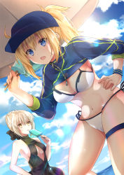 Rule 34 | 2girls, :o, ahoge, artoria pendragon (all), artoria pendragon (alter swimsuit rider) (first ascension) (fate), artoria pendragon (fate), bare arms, bare shoulders, baseball cap, bikini, black dress, blonde hair, blue eyes, blue sky, breasts, center opening, cleavage, cloud, day, dress, fate/grand order, fate (series), food, hair through headwear, hat, highres, holding, holding food, iroha (shiki), large breasts, long hair, looking at viewer, multiple girls, mysterious heroine x (fate), mysterious heroine xx (fate), navel, open mouth, ponytail, popsicle, saber alter, shrug (clothing), side-tie bikini bottom, sideboob, sidelocks, sky, stomach, sunlight, swimsuit, thigh strap, thighs, umbrella, white bikini
