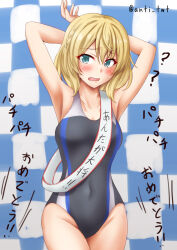 Rule 34 | 1girl, anti (untea9), armpits, bare arms, bare legs, bare shoulders, black one-piece swimsuit, blonde hair, blue eyes, blush, collarbone, colorado (kancolle), competition swimsuit, covered navel, cowboy shot, groin, hair between eyes, highres, kantai collection, one-piece swimsuit, open mouth, short hair, solo, swimsuit