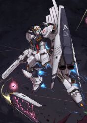 Rule 34 | absurdres, albert rbk, arm shield, beam rifle, char&#039;s counterattack, clenched hand, commentary, debris, energy gun, english commentary, exhaust, explosion, eye trail, fin funnels, funnels (gundam), glowing, glowing eye, green eyes, gun, gundam, gundam msv, highres, holding, holding gun, holding weapon, insignia, light trail, mecha, mobile suit, no humans, nu gundam, nu gundam hws, robot, science fiction, shield, shoulder cannon, solo, space, star (sky), thrusters, twitter username, v-fin, weapon