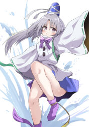 Rule 34 | 1girl, :o, absurdres, bare legs, blue skirt, blush, bow, bowtie, buttons, commentary request, convenient leg, daru (kumakumadon), flat chest, floating hair, foot out of frame, full body, grey eyes, grey hair, grey ribbon, hair between eyes, hat, highres, japanese clothes, kariginu, leg up, light blush, long hair, long sleeves, looking to the side, mononobe no futo, open mouth, outstretched arms, parted bangs, ponytail, purple bow, purple bowtie, purple ribbon, purple socks, ribbon, ribbon-trimmed sleeves, ribbon trim, shirt, simple background, skirt, sleeves past fingers, sleeves past wrists, socks, solo, splashing, spread arms, standing, standing on one leg, tate eboshi, thighs, touhou, turtleneck, v-shaped eyebrows, white background, white shirt, wide sleeves, yellow ribbon