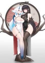 Rule 34 | 2girls, absurdres, black legwear, blue eyes, blunt bangs, blush, breasts, china dress, chinese clothes, commission, dress, full body, hair between eyes, halo, highres, horns, large breasts, looking at viewer, multiple girls, no bra, no panties, original, pelvic curtain, pixiv commission, skeb commission, suzuya (maru), thigh strap, thighhighs, thighs, white hair